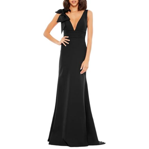 Mac Duggal Dresses & Skirts - Mac Duggal Black Bow Shoulder Deep V-Neck Floor Train Gown